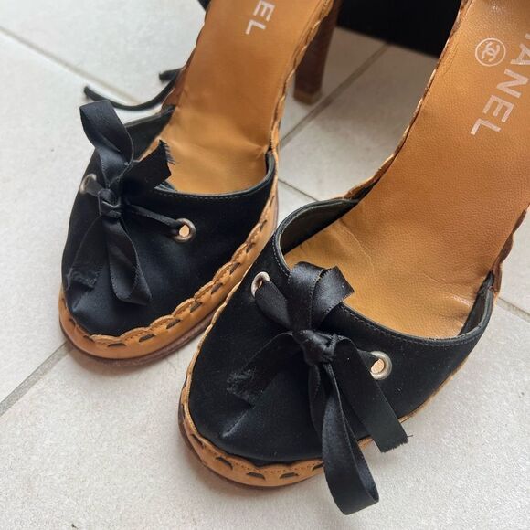 CHANEL Black Satin D'Orsay Sandals Interlocking Pearl CC Logo Lace Up 38 - Picture 3 of 14